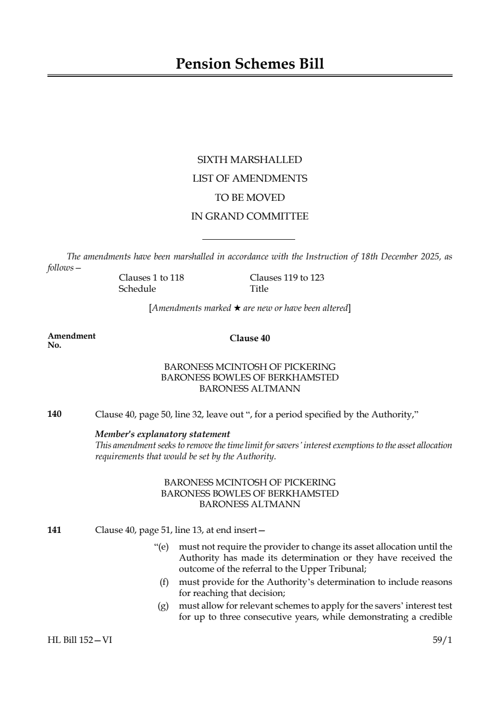 Pension Schemes Bill Sixth Marshalled List of amendments to be moved in Grand Committee