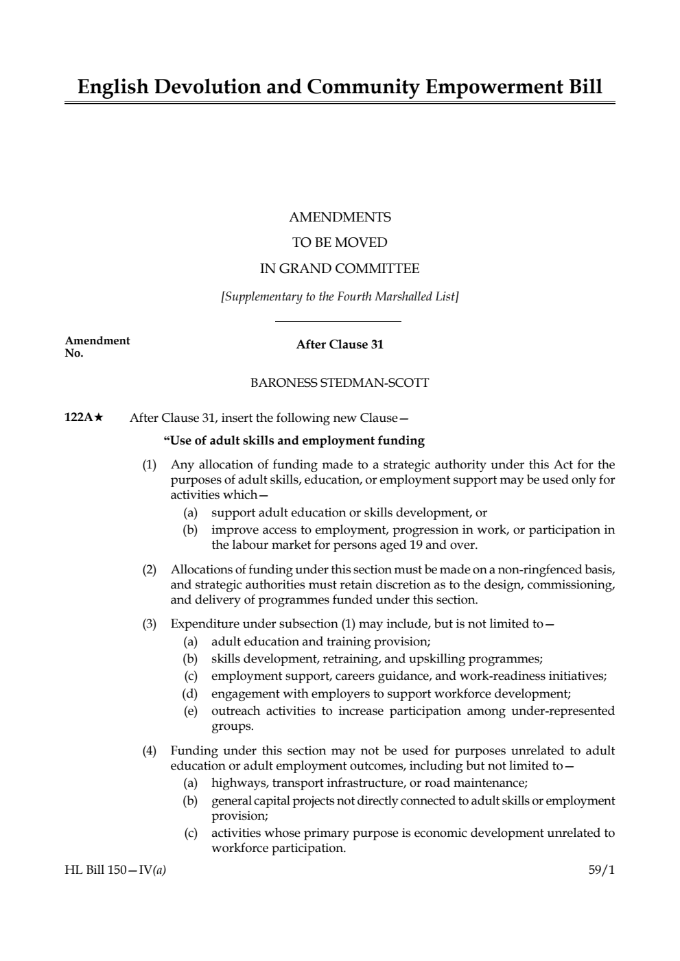 English Devolution and Community Empowerment Bill Amendments to be moved in Grand Committee [Supplementary to the Fourth Marshalled List] 