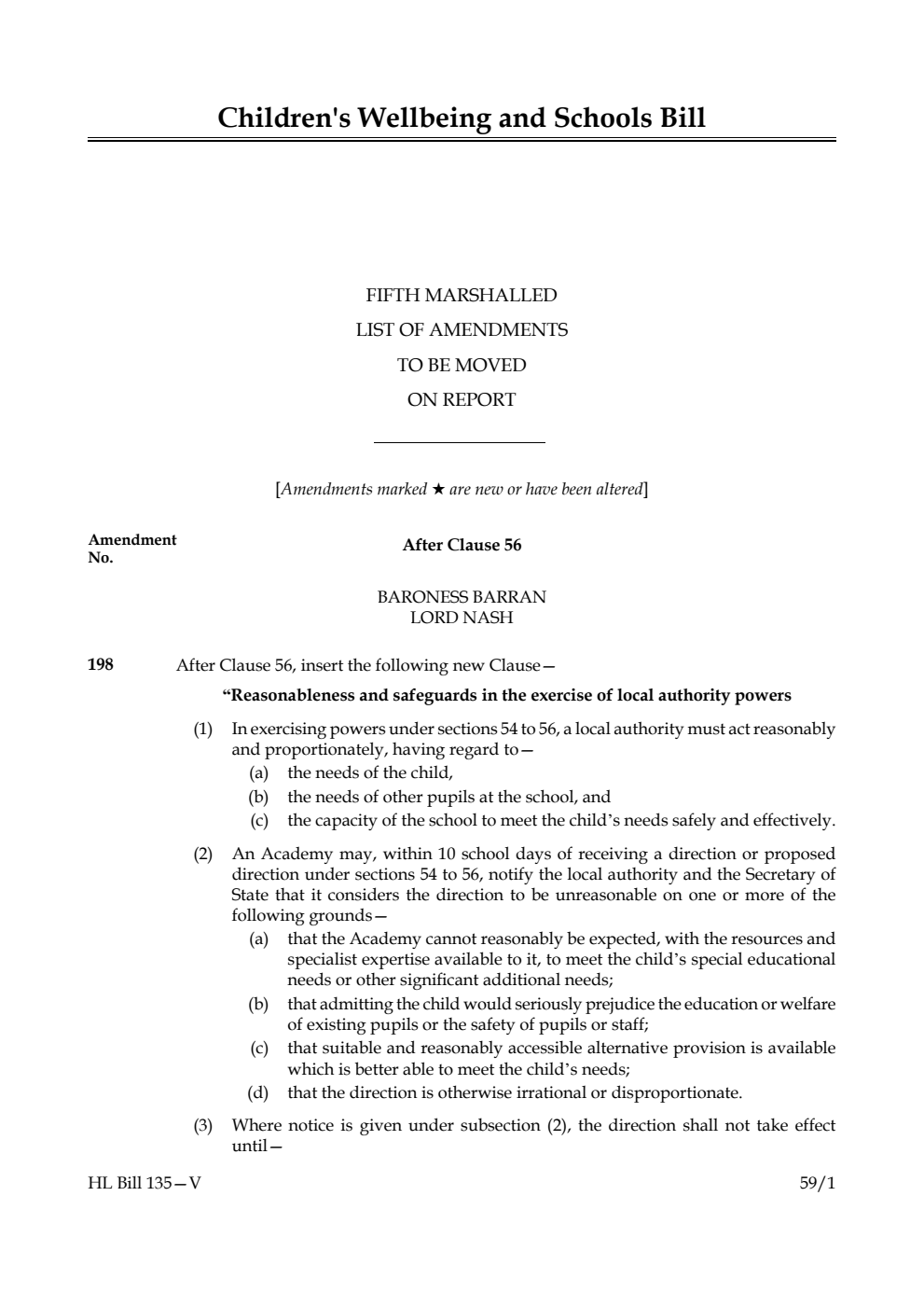 Children's Wellbeing and Schools Bill Fifth Marshalled List of amendments to be moved on report