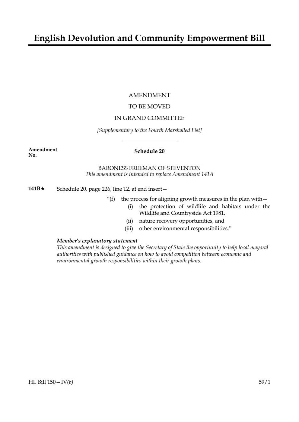 English Devolution and Community Empowerment Bill Amendment to be moved in Grand Committee [Supplementary to the Fourth Marshalled List]