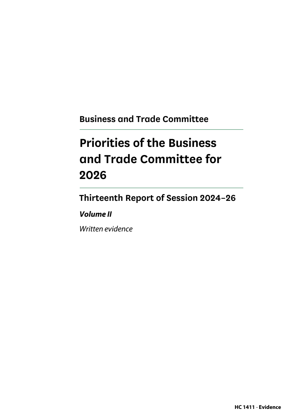 Business and Trade Committee 13th Report. Priorities of the Business and Trade Committee for 2026 Volume 2. Written evidence