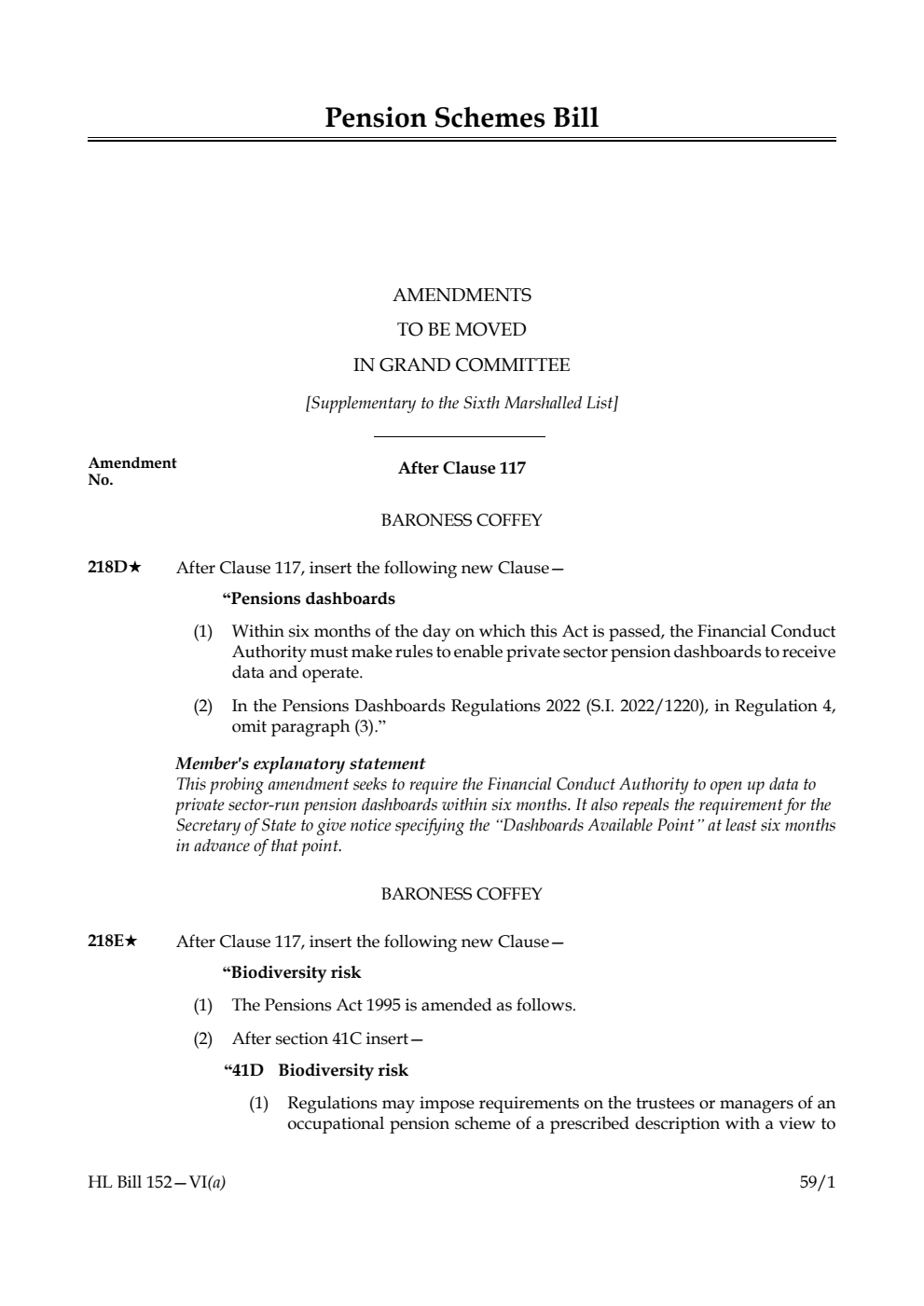 Pension Schemes Bill Amendments to be moved in Grand Committee [Supplementary to the Sixth Marshalled List]