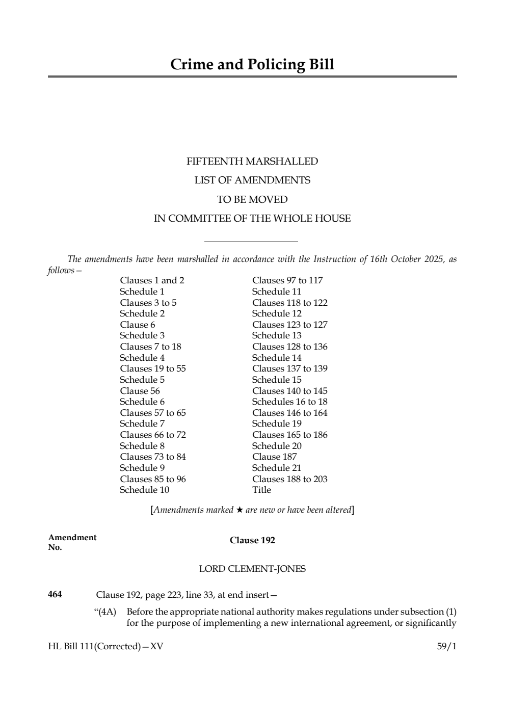 Crime and Policing Bill Fifteenth Marshalled List of amendments to be moved in Committee of the Whole House