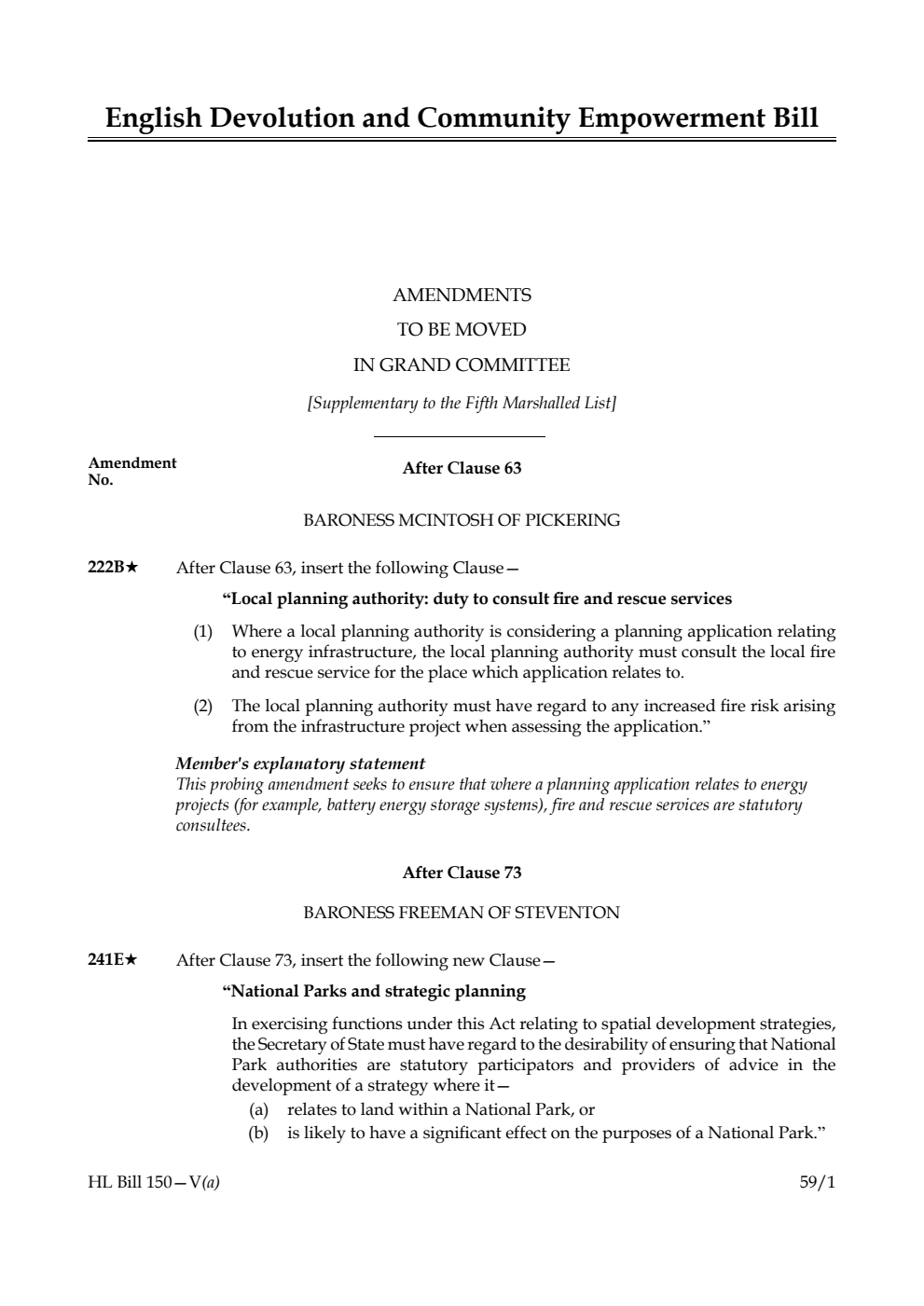 English Devolution and Community Empowerment Bill Amendments to be moved in Grand Committee [Supplementary to the Fifth Marshalled List]