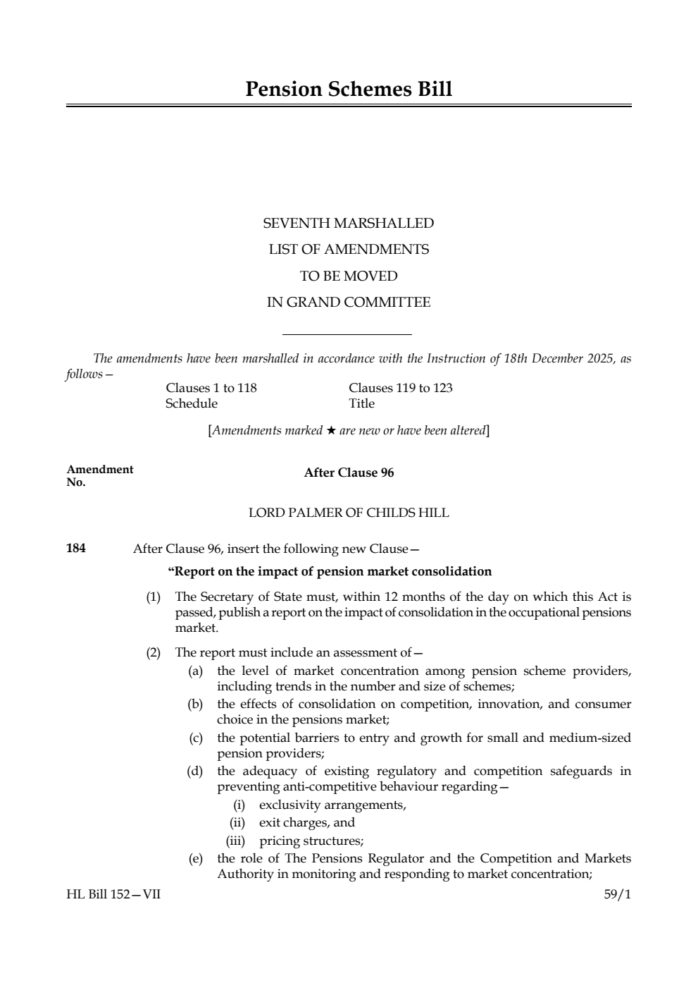 Pension Schemes Bill Seventh Marshalled List of amendments to be moved in Grand Committee