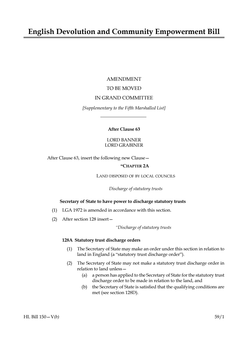 English Devolution and Community Empowerment Bill Amendment to be moved in Grand Committee [Supplementary to the Fifth Marshalled List] 