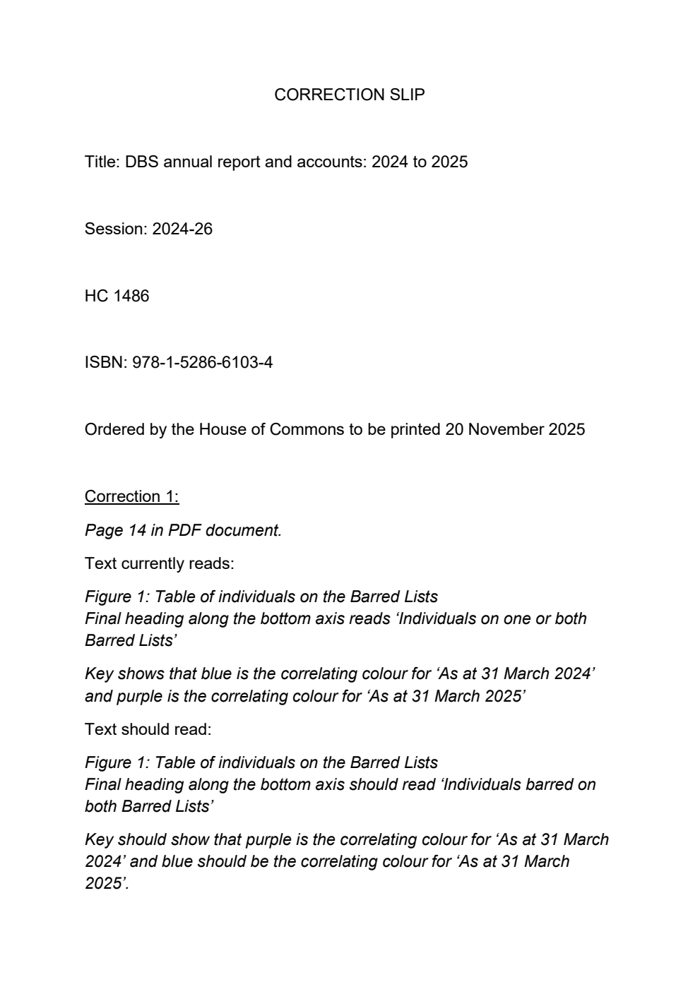 Disclosure and Barring Service Annual Report and Accounts for the period 1 April 2024 to 31 March 2025. Correction Slip, January 2026