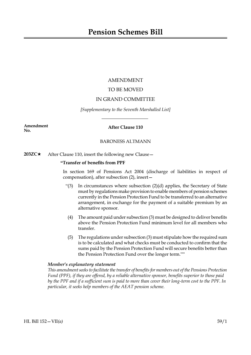 Pension Schemes Bill Amendment to be moved in Grand Committee [Supplementary to the Seventh Marshalled List] 