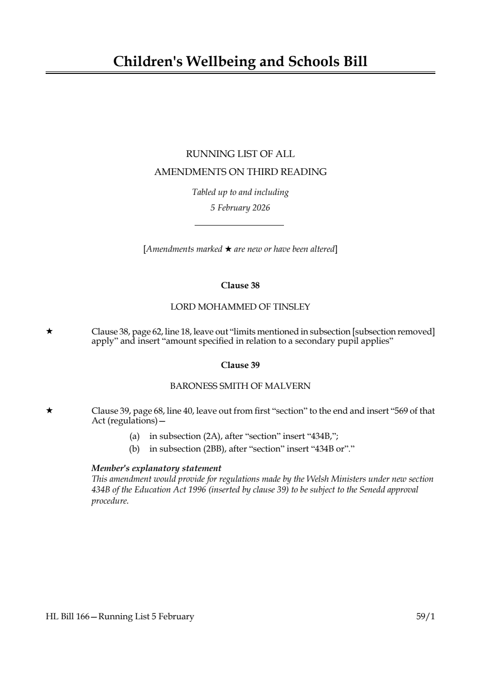 Children's Wellbeing and Schools Bill Running List of all amendments on third reading tabled up to and including 5 February 2026