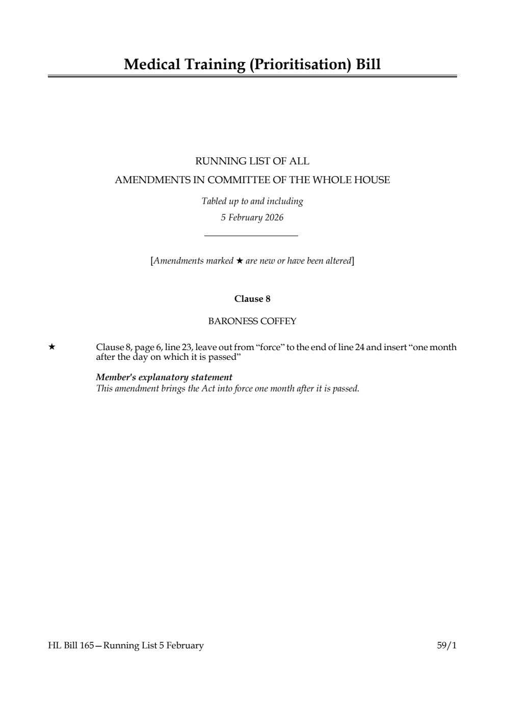 Medical Training (Prioritisation) Bill Running List of all amendments in Committee of the Whole House tabled up to and including 5 February 2026