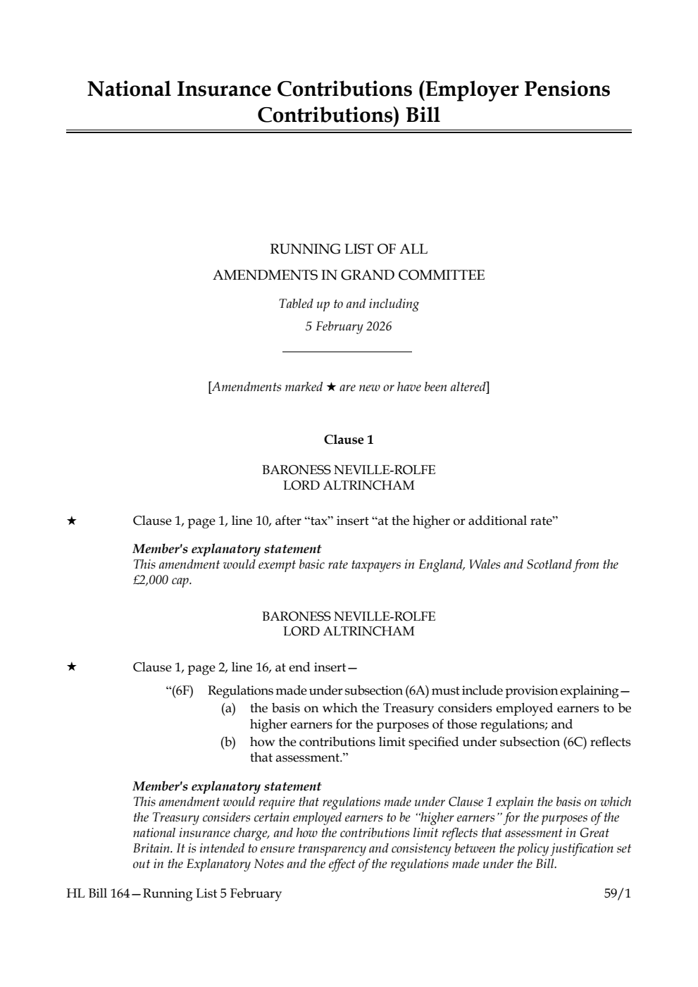National Insurance Contributions (Employer Pensions Contributions) Bill Running List of all amendments in Grand Committee tabled up to and including 5 February 2026