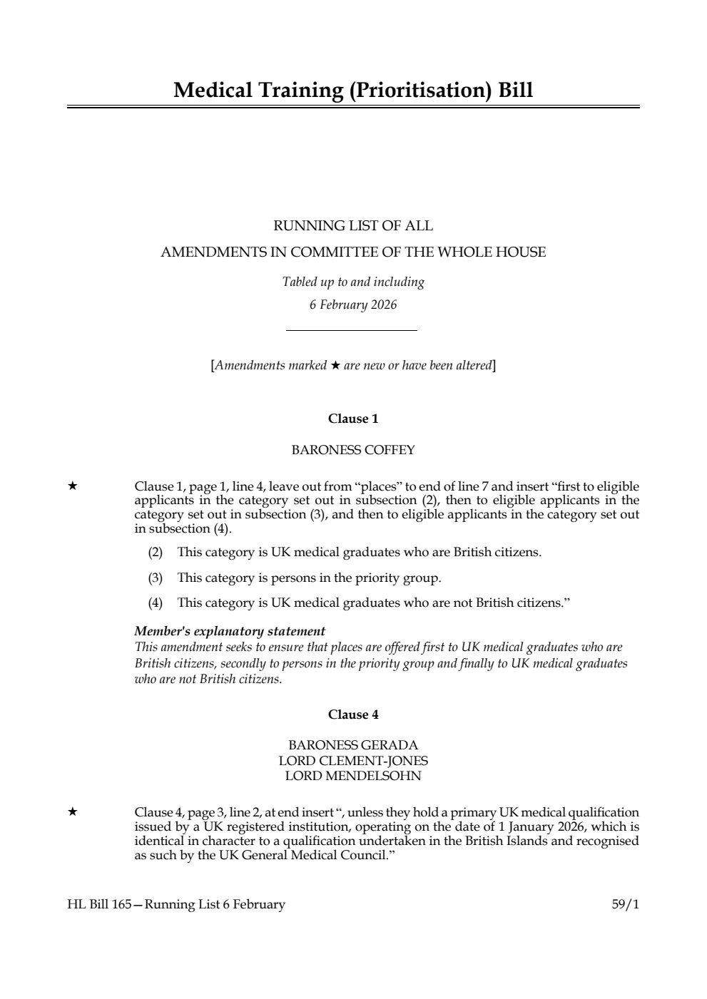 Medical Training (Prioritisation) Bill Running List of all amendments in Committee of the Whole House tabled up to and including 6 February 2026