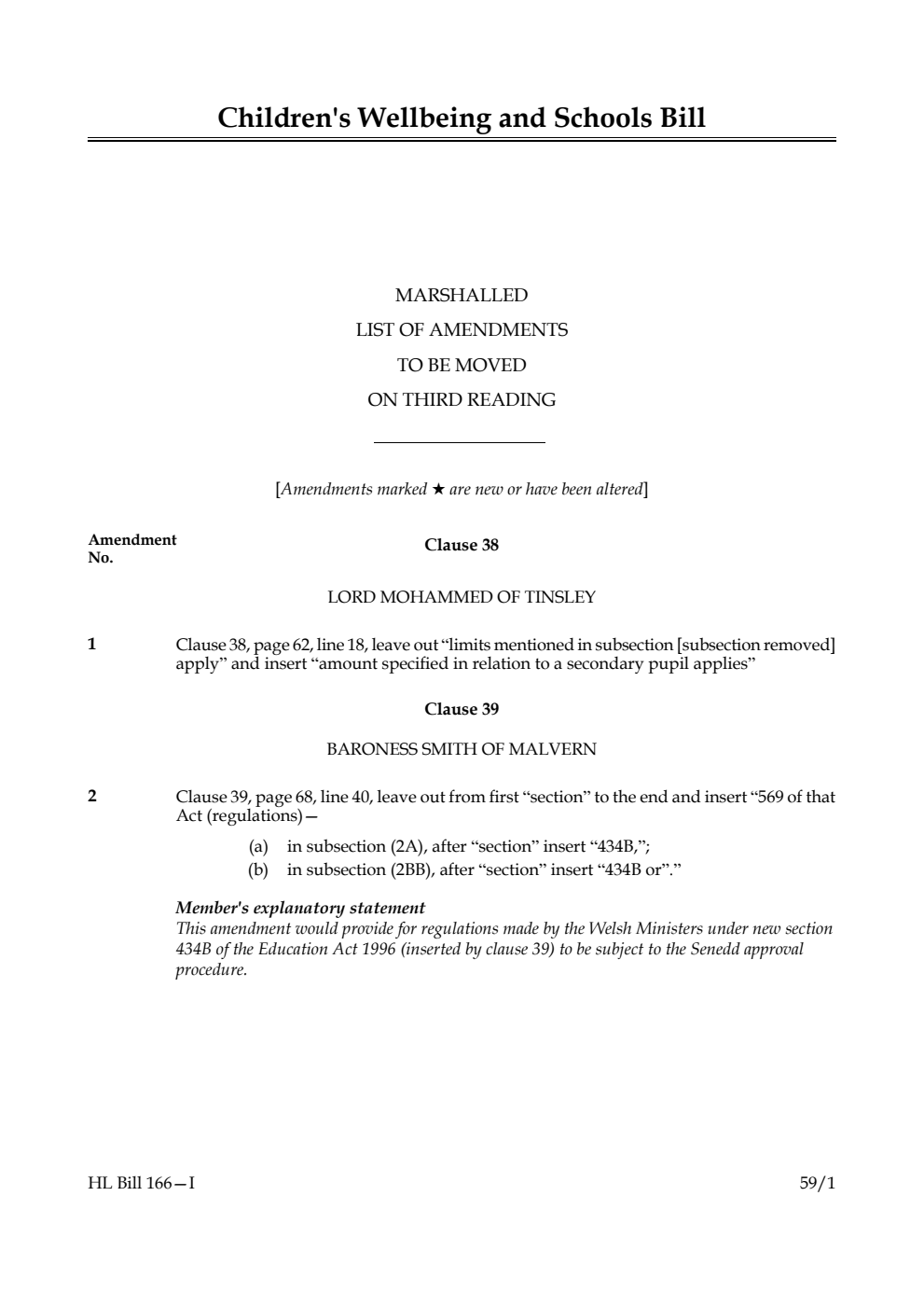 Children's Wellbeing and Schools Bill Marshalled List of amendments to be moved on third reading