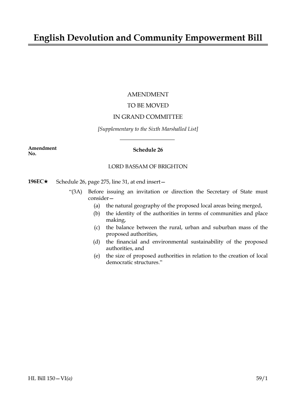 English Devolution and Community Empowerment Bill Amendment to be moved in Grand Committee [Supplementary to the Sixth Marshalled List]