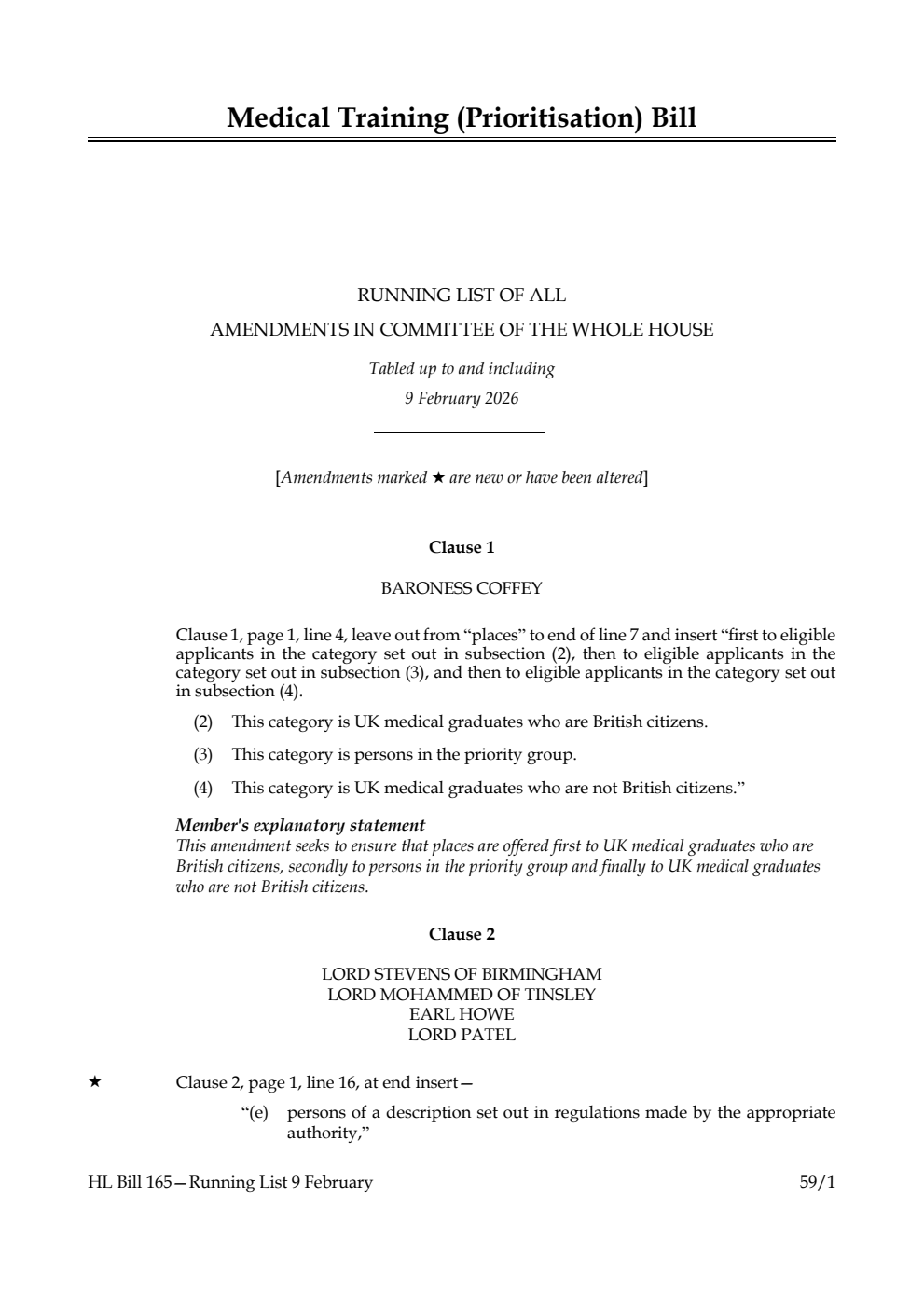 Medical Training (Prioritisation) Bill Running List of all amendments in Committee of the Whole House tabled up to and including 9 February 2026