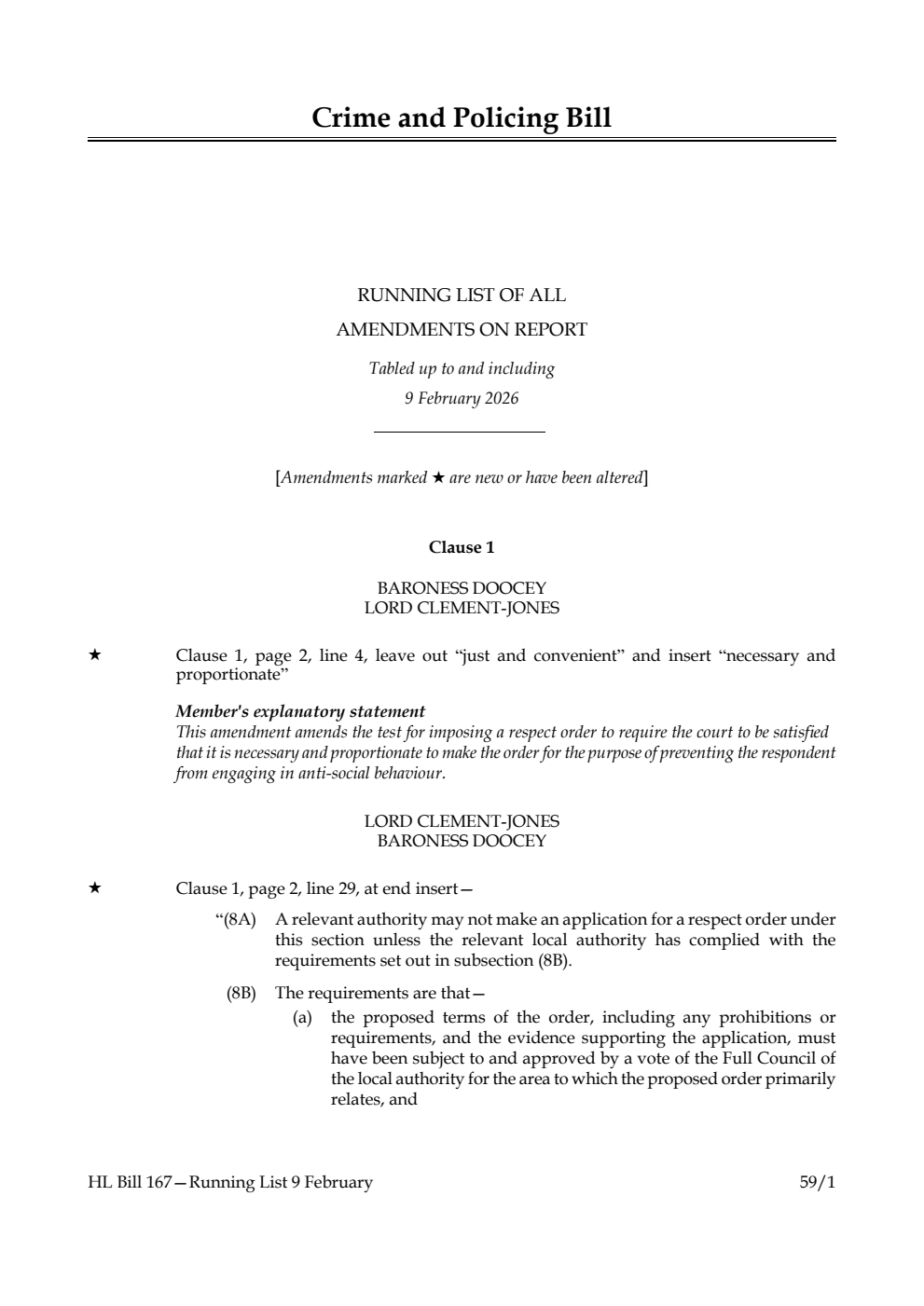 Crime and Policing Bill Running List of all amendments on report tabled up to and including 9 February 2026