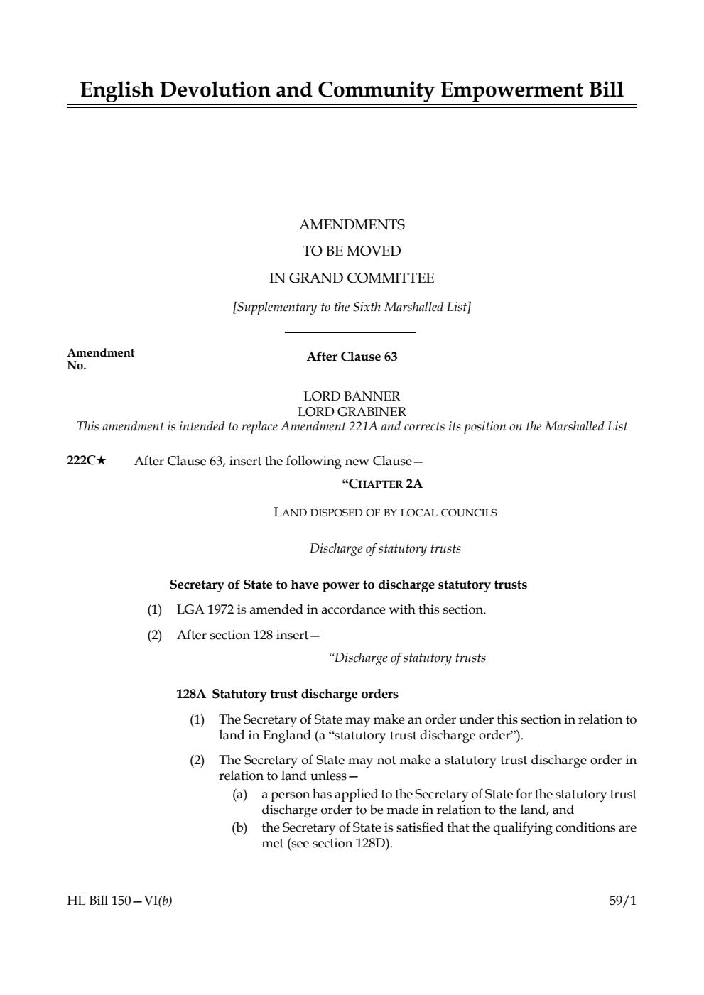 English Devolution and Community Empowerment Bill Amendments to be moved in Grand Committee [Supplementary to the Sixth Marshalled List]