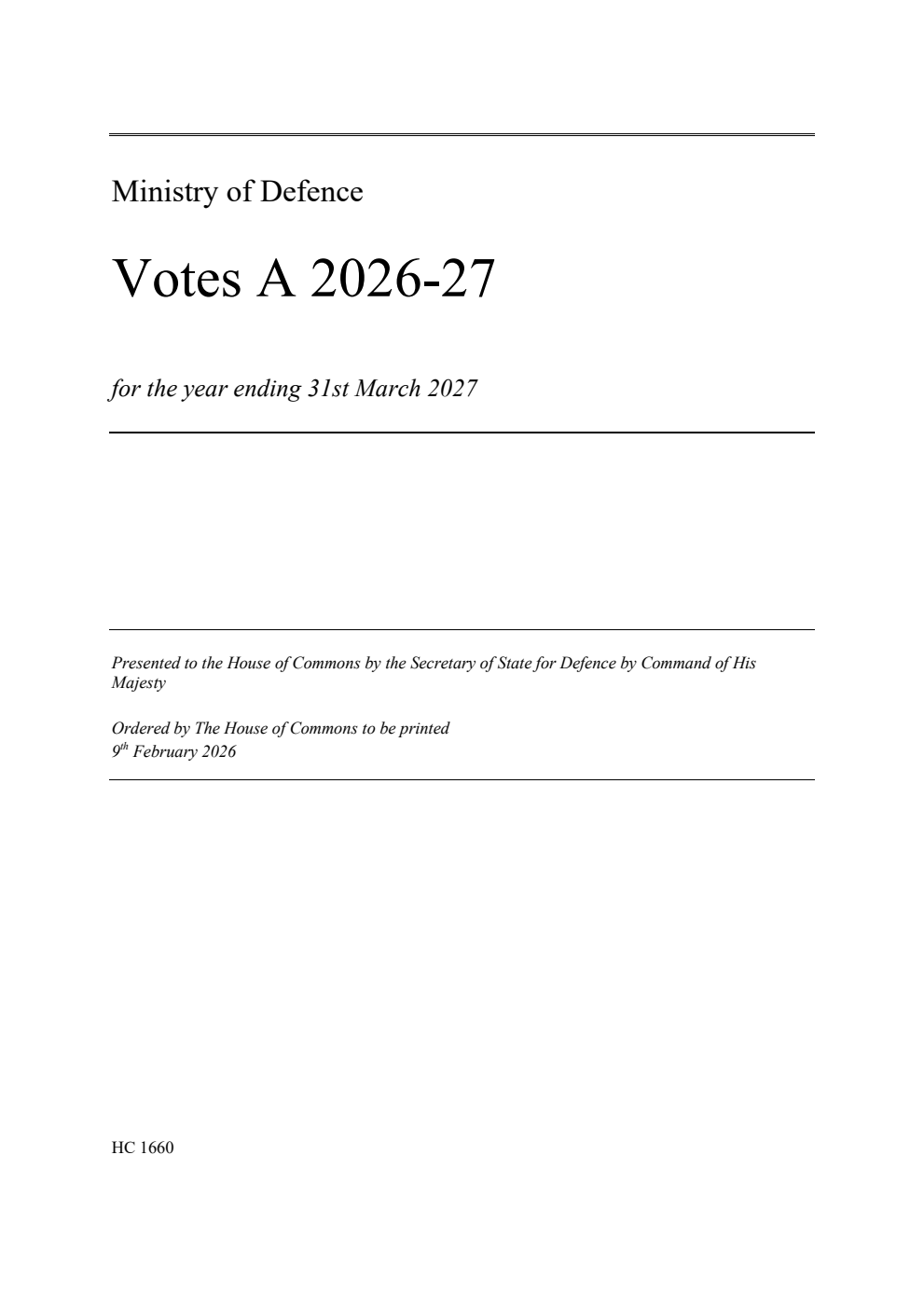 Ministry of Defence Votes A 2026-27 for the year ending 31st March 2027