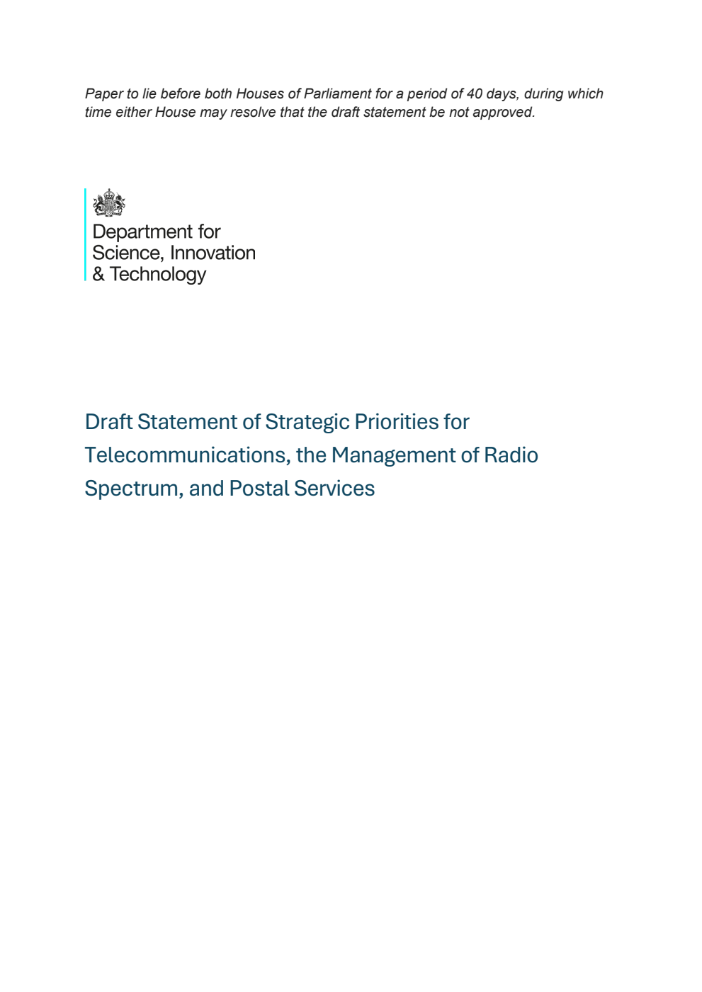 Draft Statement of Strategic Priorities for Telecommunications, the Management of Radio Spectrum, and Postal Services