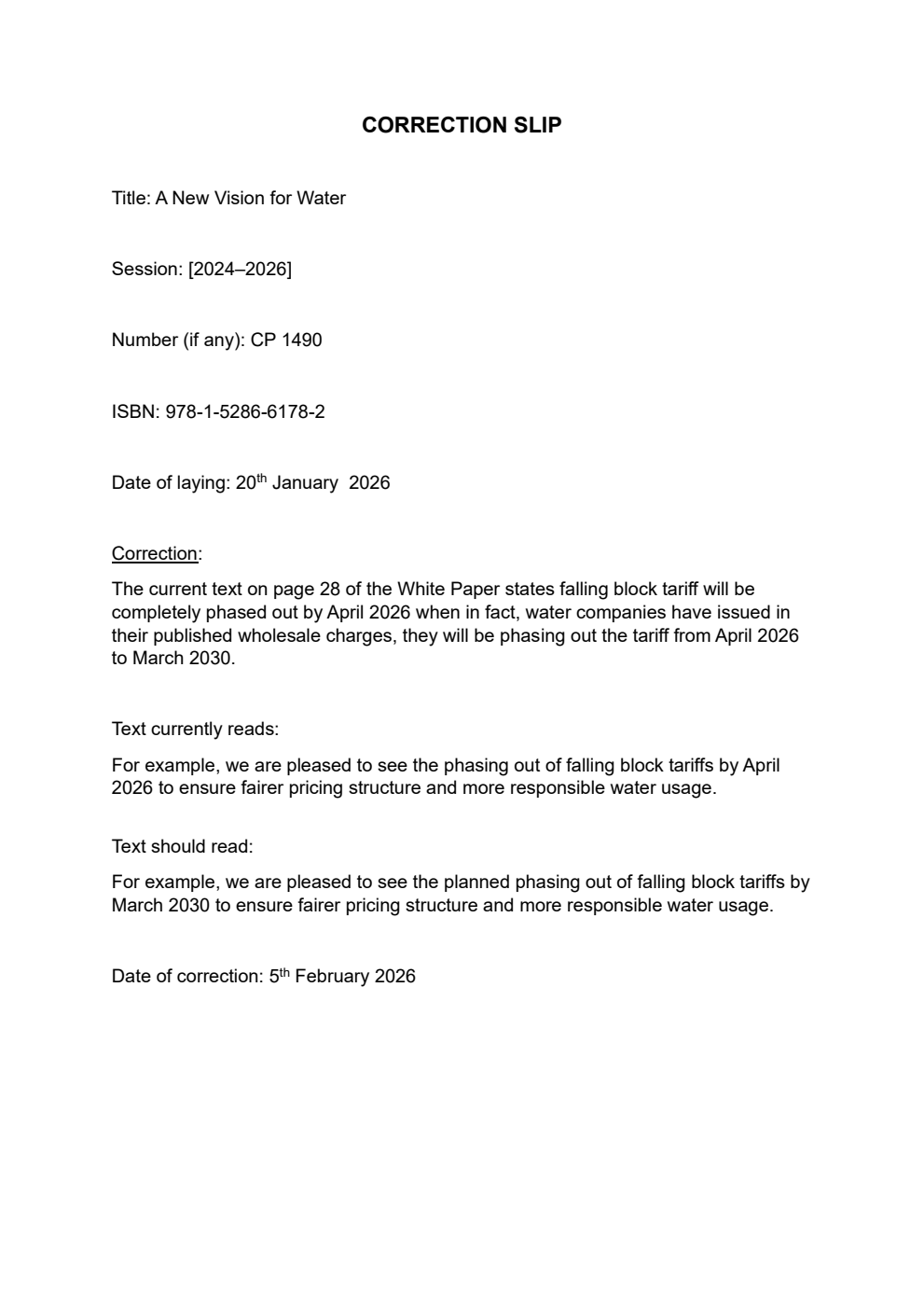 A new vision for water. Correction Slip, February 2026