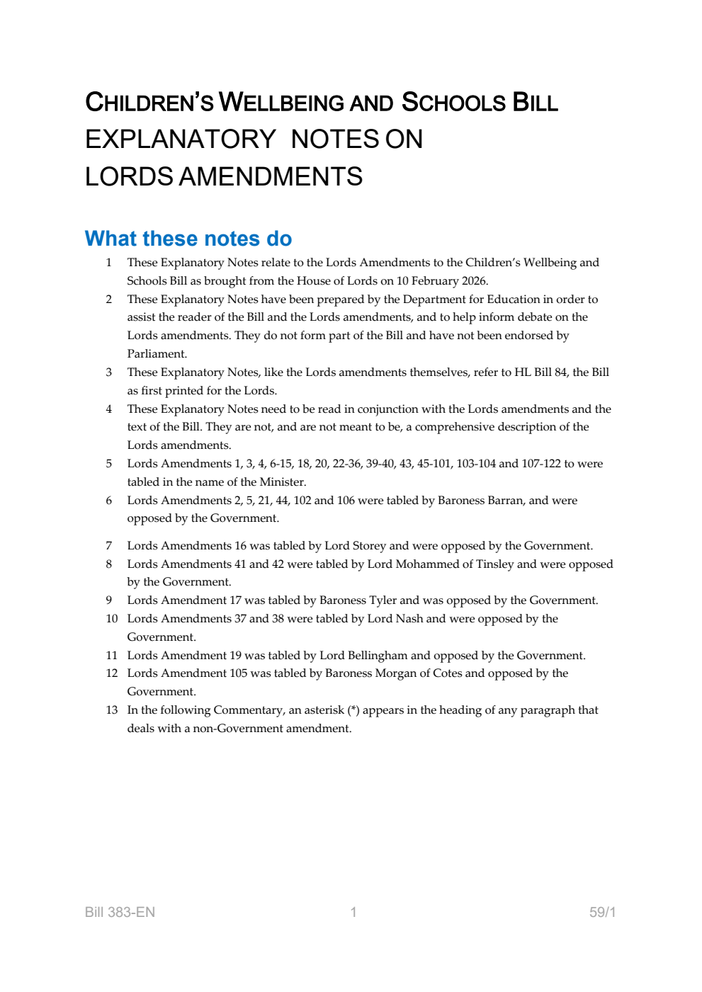 Children's Wellbeing and Schools Bill Explanatory Notes on Lords Amendments