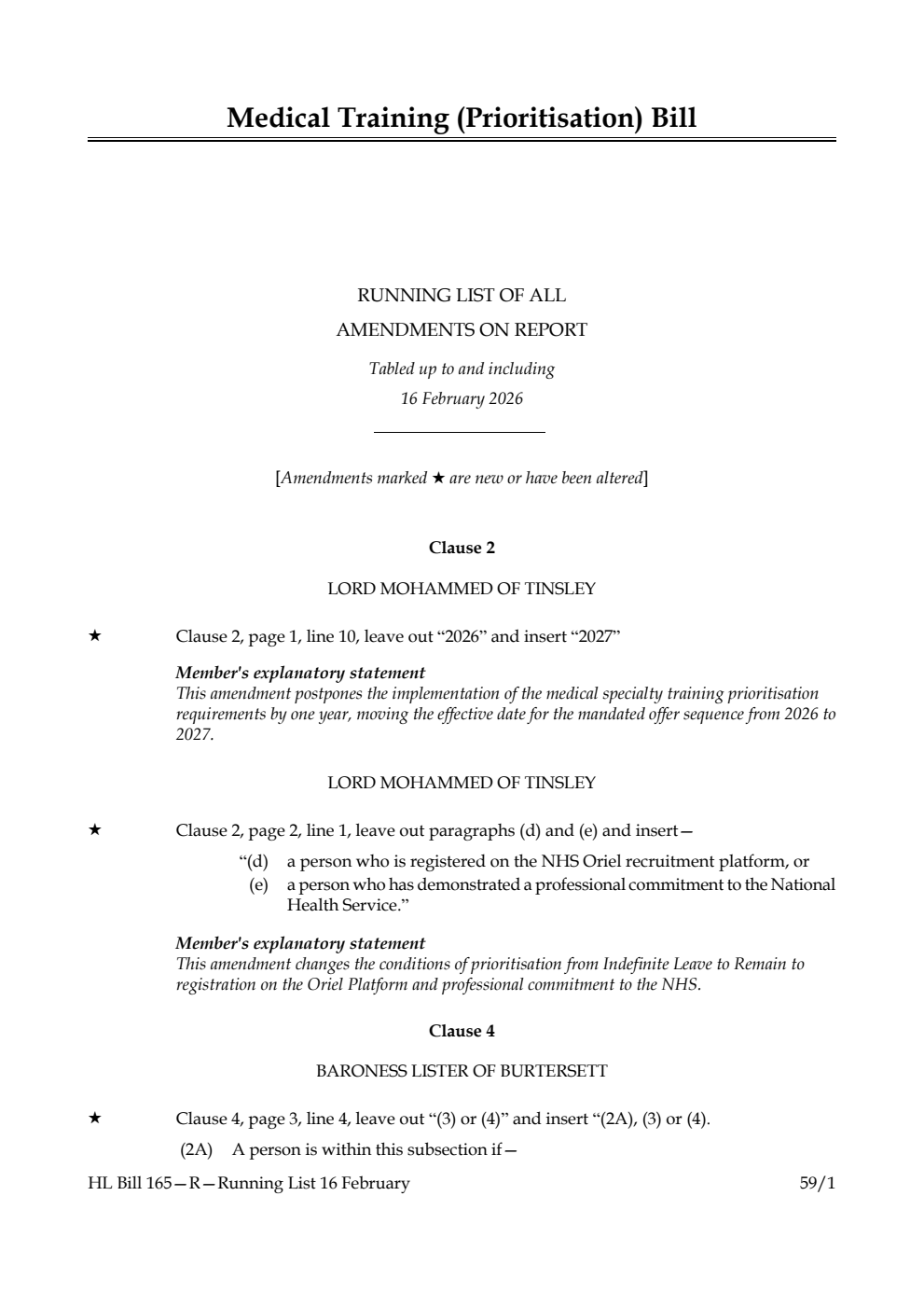 Medical Training (Prioritisation) Bill Running List of all amendments on report tabled up to and including 16 February 2026