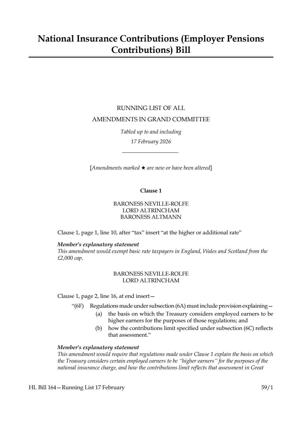 National Insurance Contributions (Employer Pensions Contributions) Bill Running List of all amendments in Grand Committee tabled up to and including 17 February 2026
