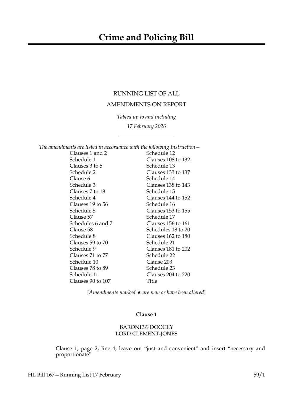 Crime and Policing Bill Running List of all amendments on report tabled up to and including 17 February 2026