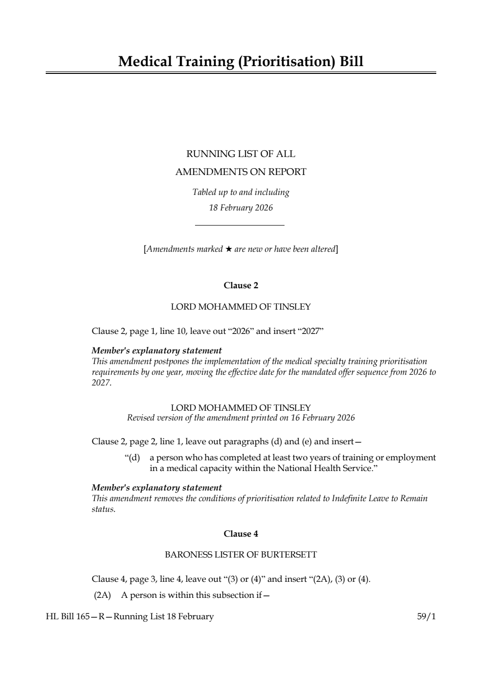 Medical Training (Prioritisation) Bill Running List of all amendments on report tabled up to and including 18 February 2026