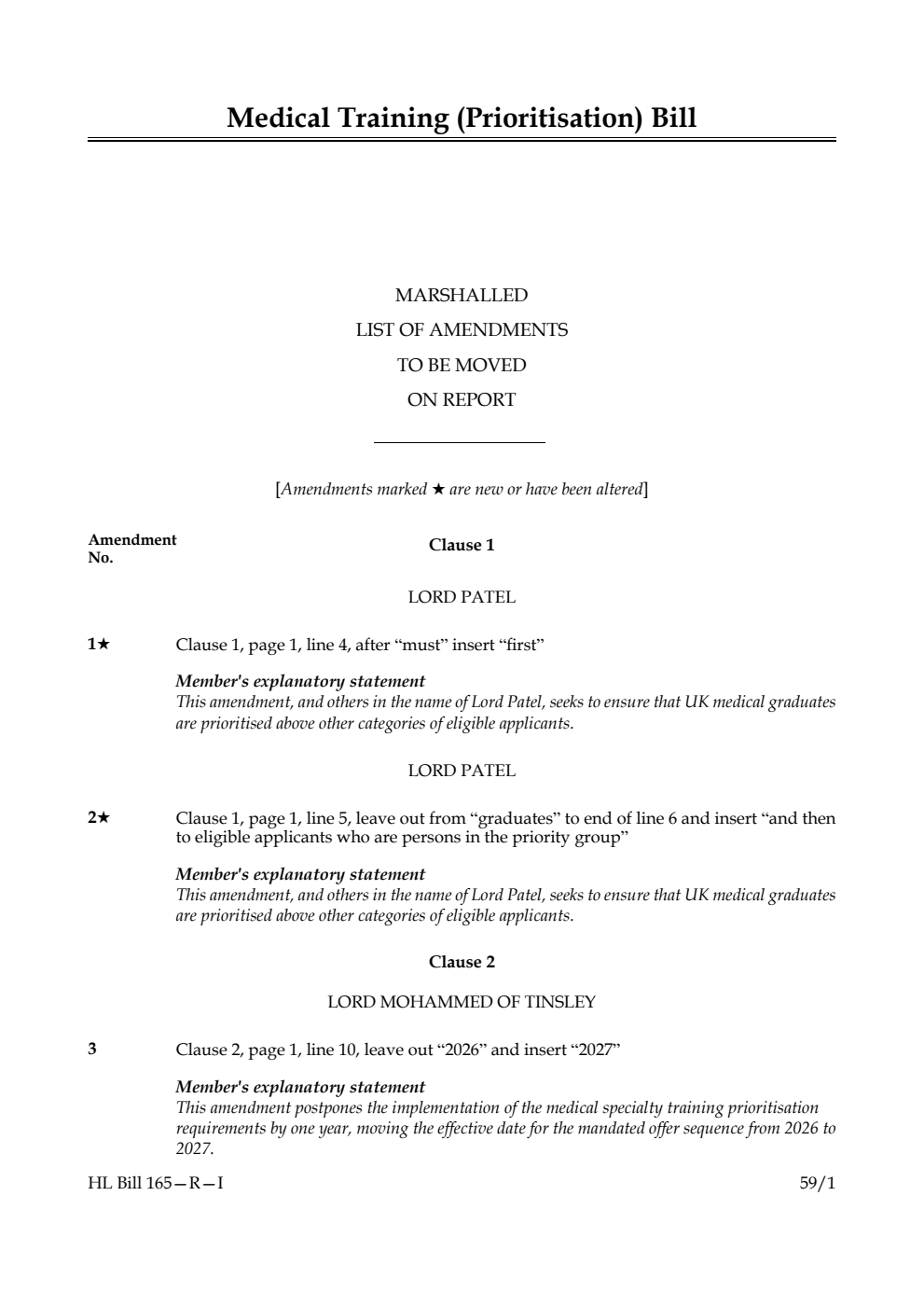 Medical Training (Prioritisation) Bill Marshalled List of amendments to be moved on report