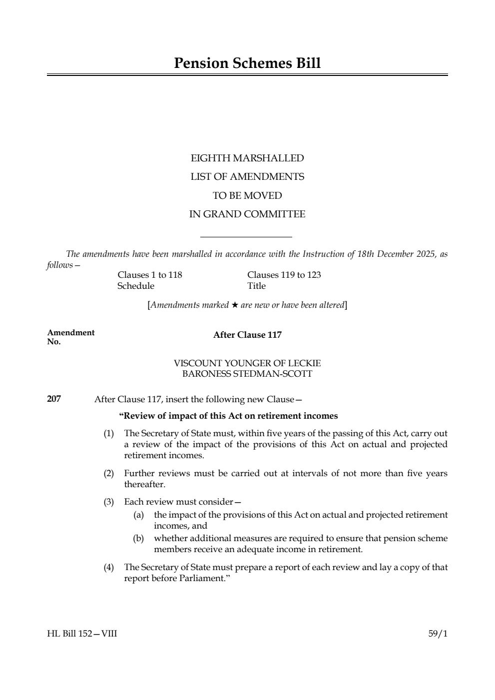 Pension Schemes Bill Eighth Marshalled List of amendments to be moved in Grand Committee