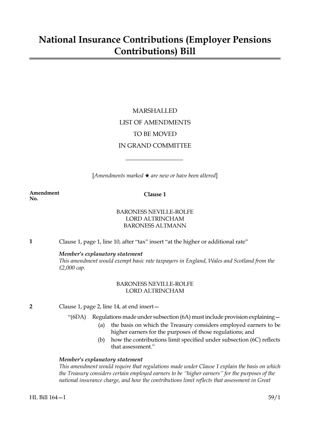National Insurance Contributions (Employer Pensions Contributions) Bill Marshalled List of amendments to be moved in Grand Committee