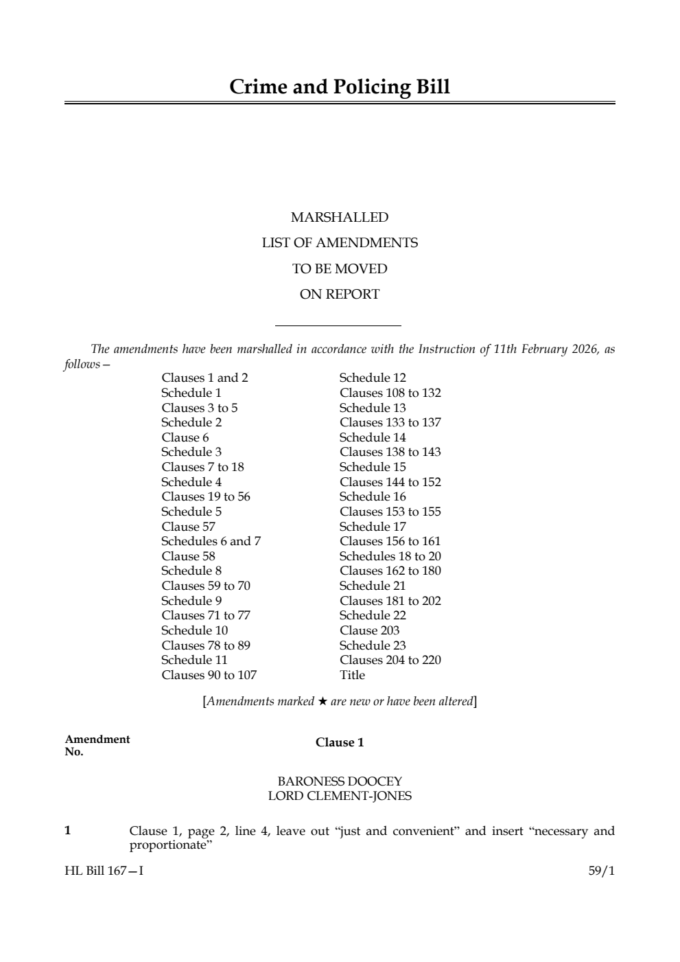 Crime and Policing Bill Marshalled List of amendments to be moved on report