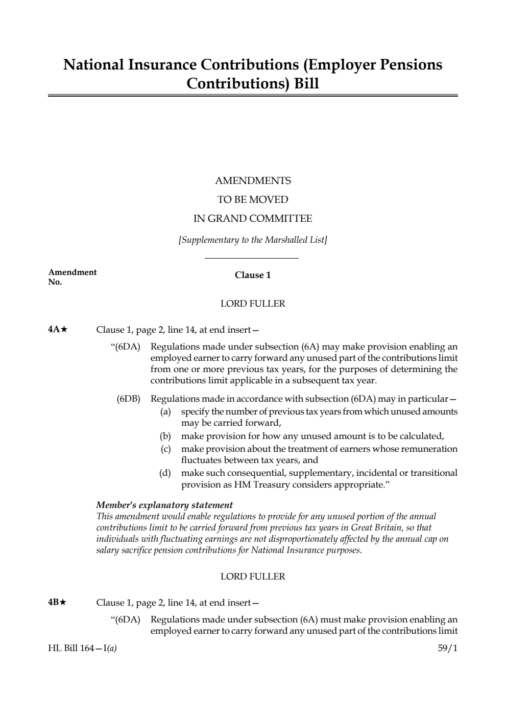National Insurance Contributions (Employer Pensions Contributions) Bill Amendments to be moved in Grand Committee [Supplementary to the Marshalled List] 