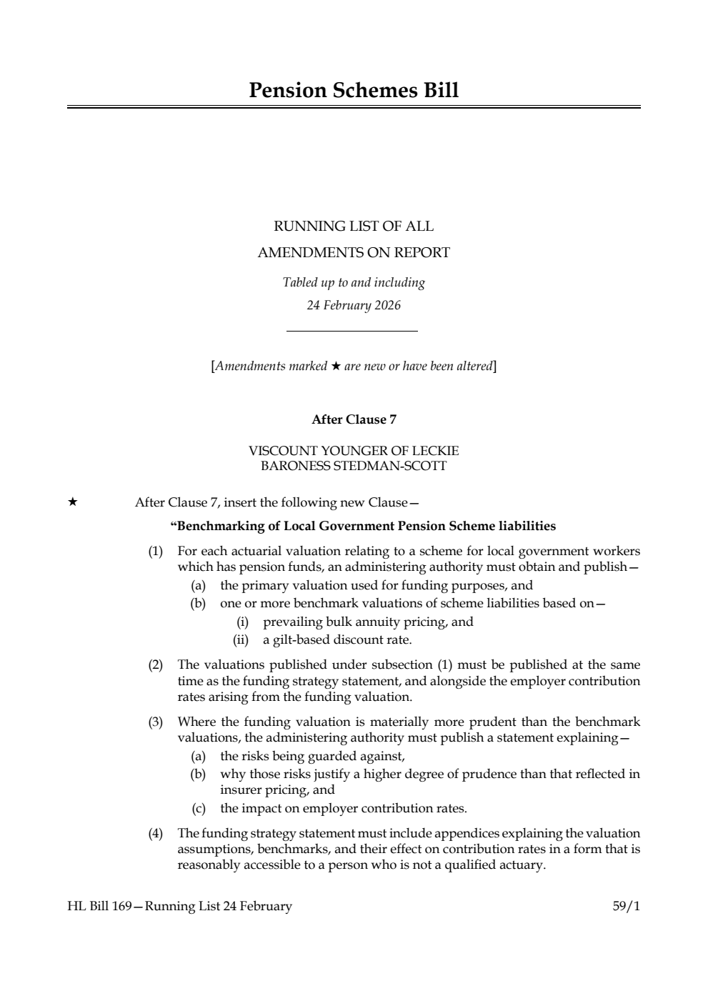 Pension Schemes Bill Running List of all amendments on report tabled up to and including 24 February 2026