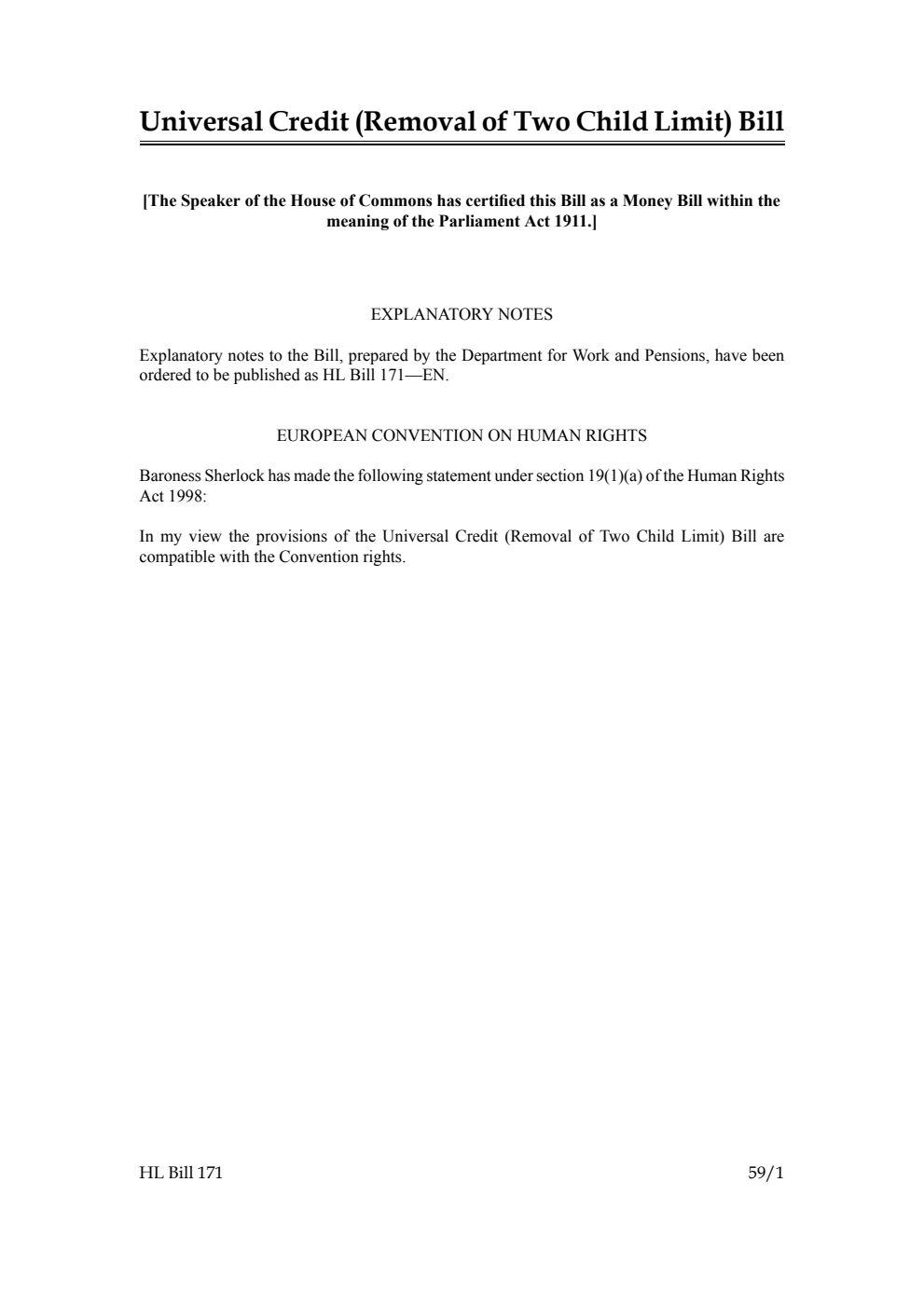 Universal Credit (Removal of Two Child Limit) Bill [as brought from the Commons]