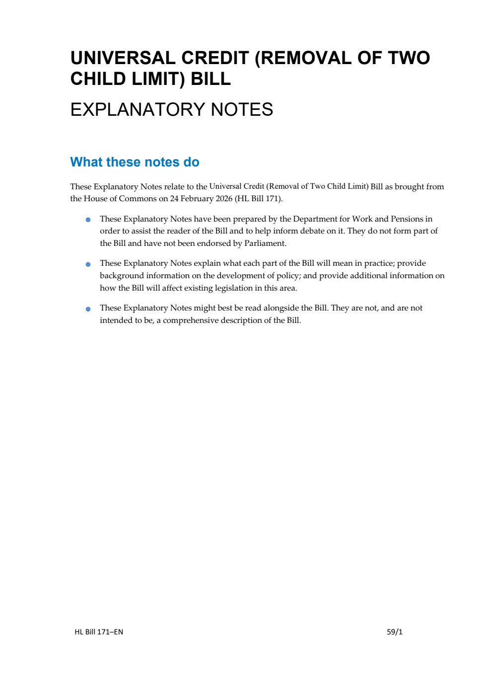 Universal Credit (Removal of Two Child Limit) Bill Explanatory Notes