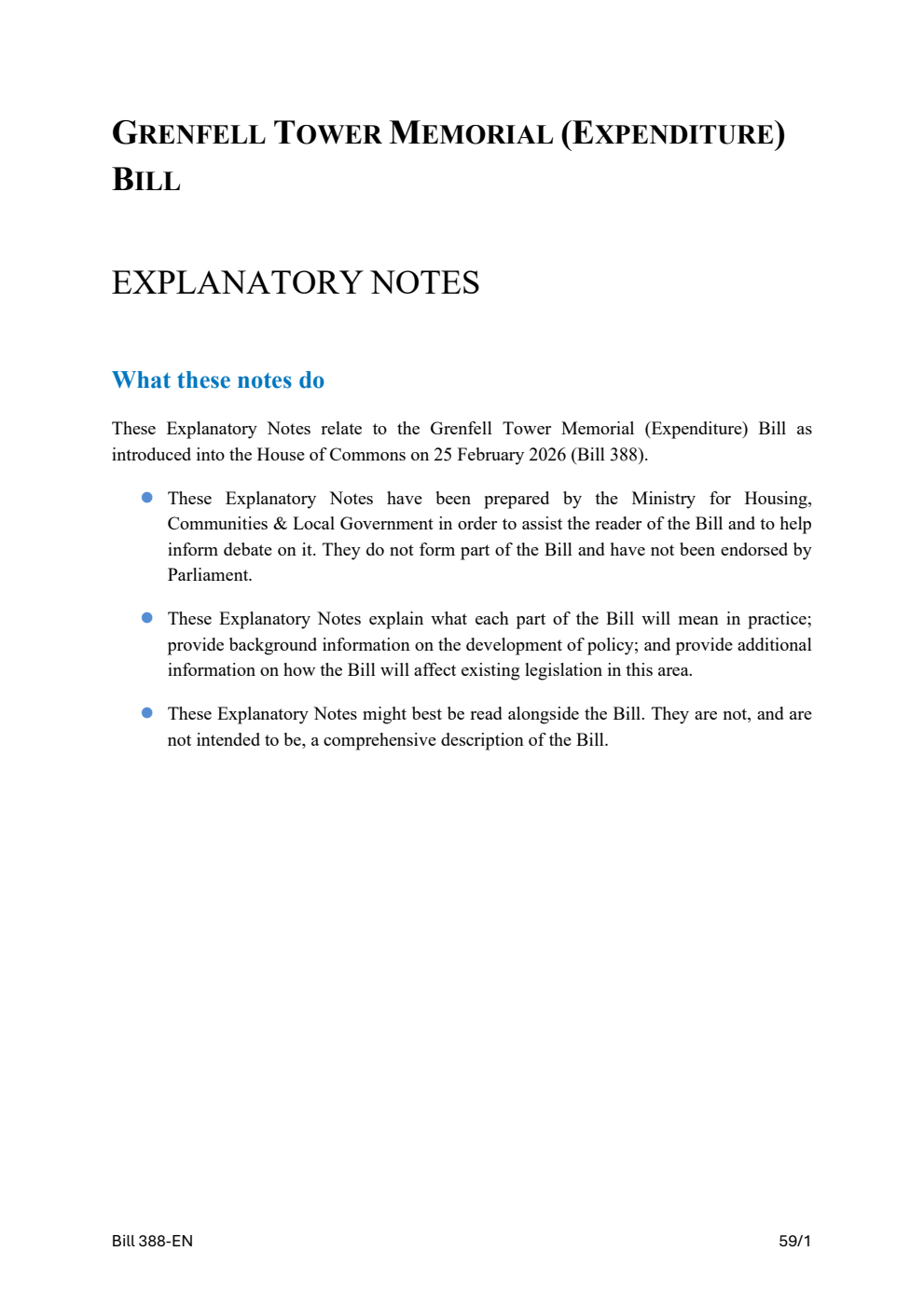 Grenfell Tower Memorial (Expenditure) Bill Explanatory Notes