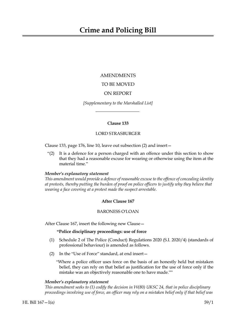 Crime and Policing Bill Amendments to be moved on report [Supplementary to the Marshalled List]