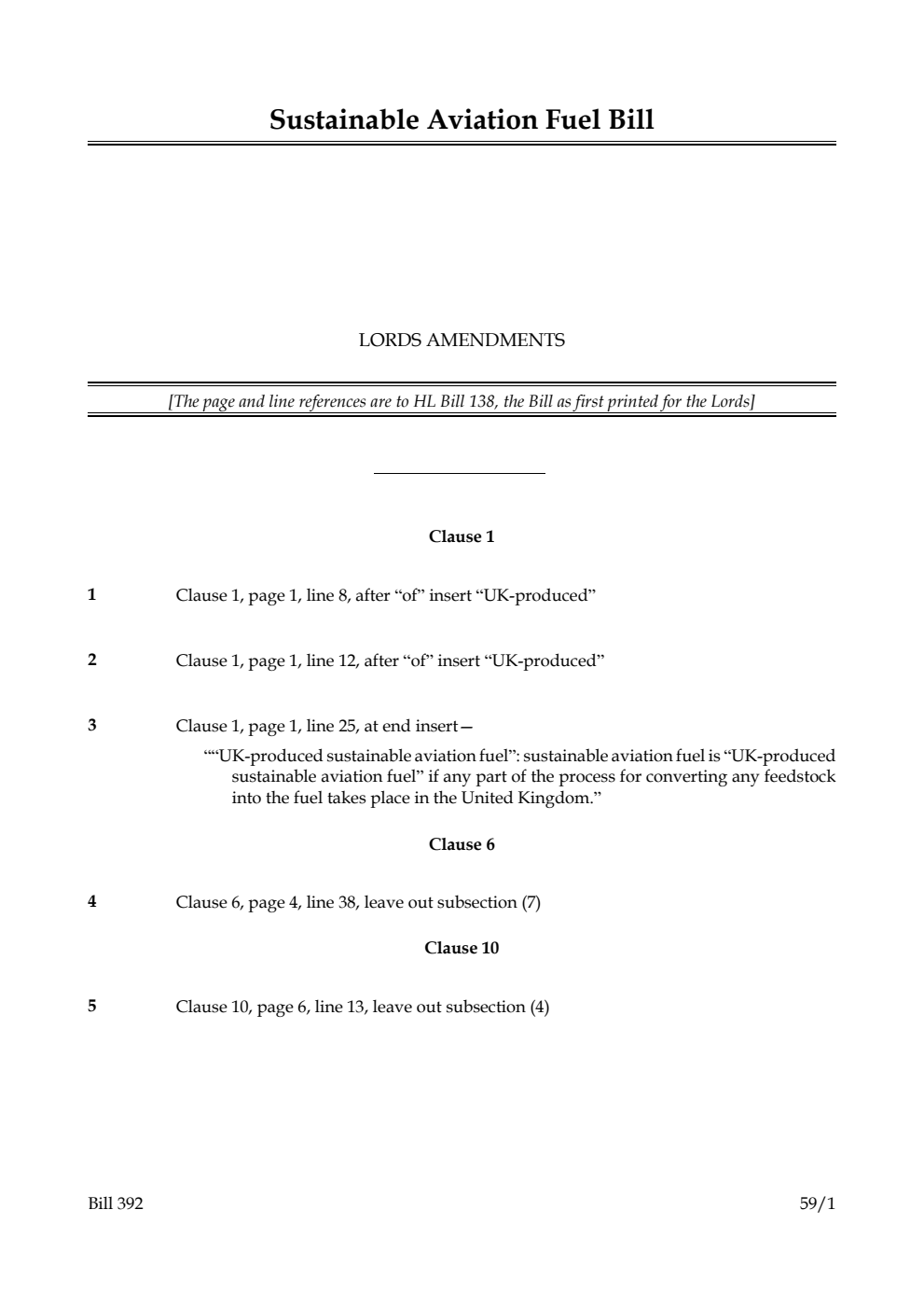 Sustainable Aviation Fuel Bill Lords Amendments