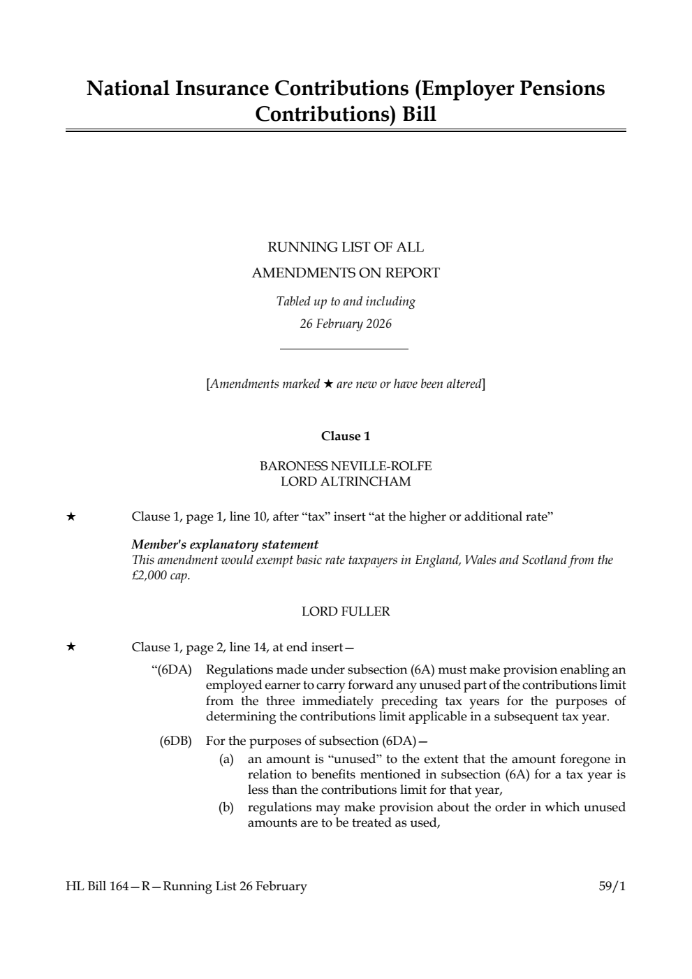National Insurance Contributions (Employer Pensions Contributions) Bill Running List of all amendments on report tabled up to and including 26 February 2026