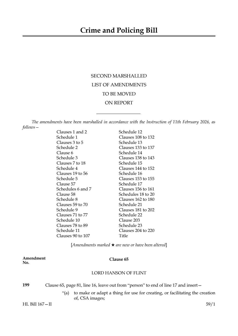Crime and Policing Bill Second Marshalled List of amendments to be moved on report
