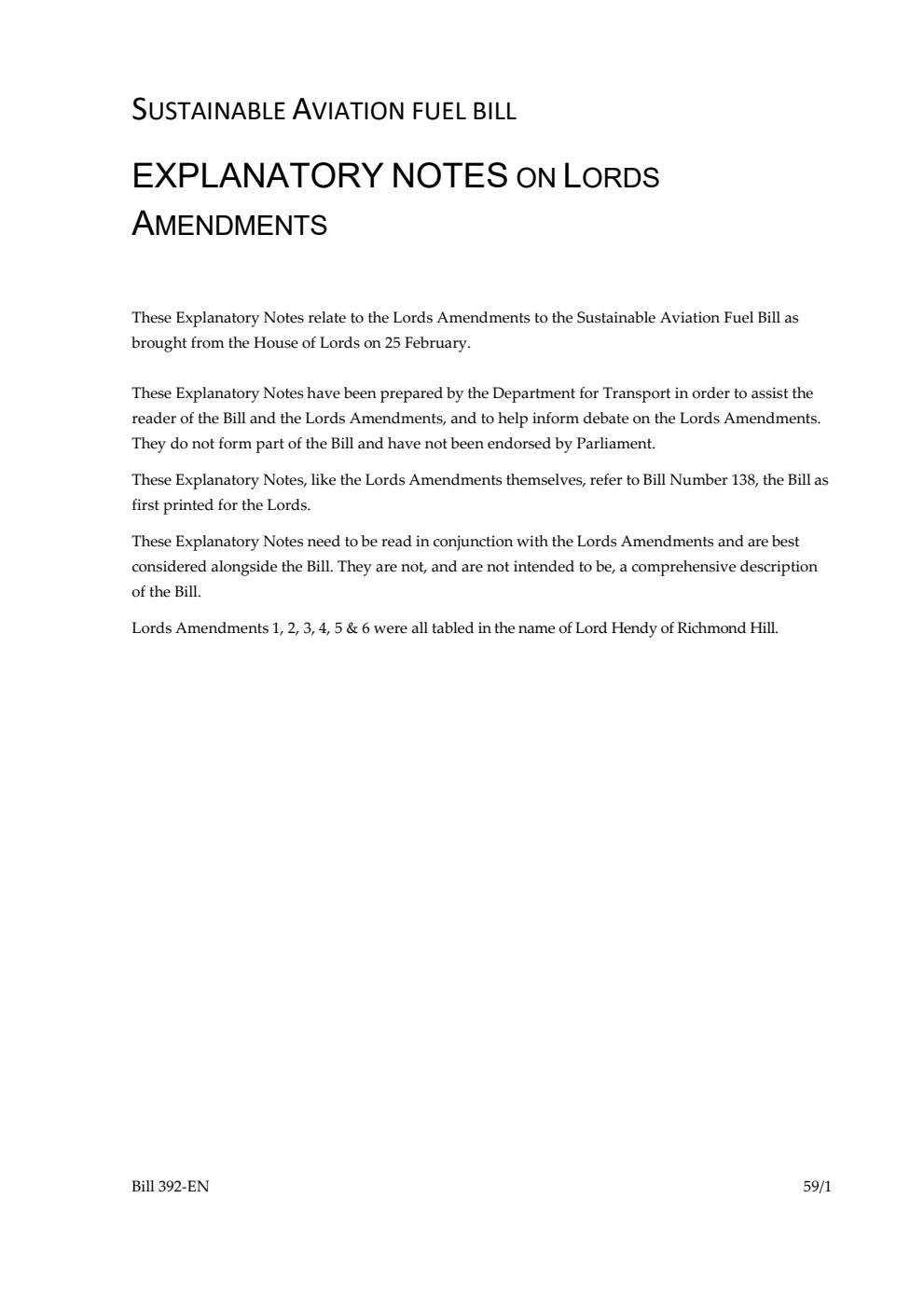 Sustainable Aviation Fuel Bill Explanatory Notes on Lords Amendments