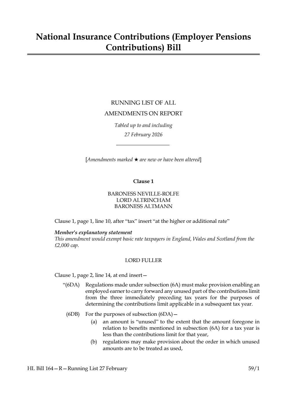 National Insurance Contributions (Employer Pensions Contributions) Bill Running List of all amendments on report tabled up to and including 27 February 2026