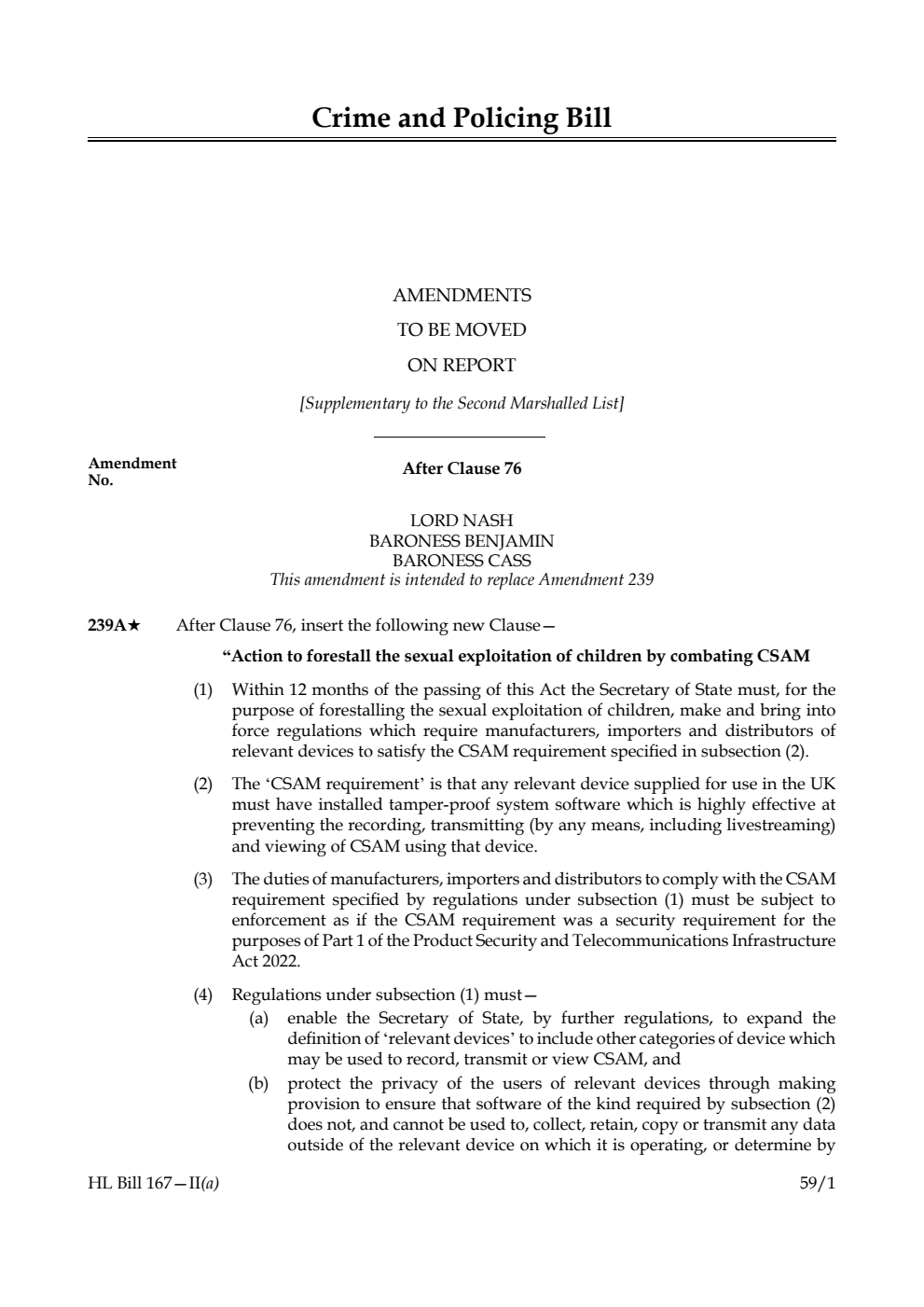 Crime and Policing Bill Amendments to be moved on report [Supplementary to the Second Marshalled List]