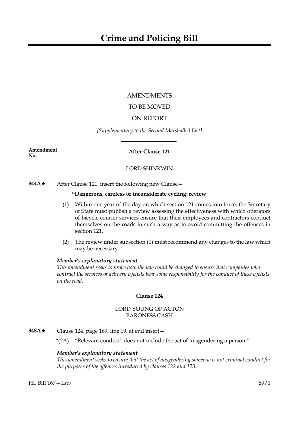 Crime and Policing Bill Amendments to be moved on report [Supplementary to the Second Marshalled List] 