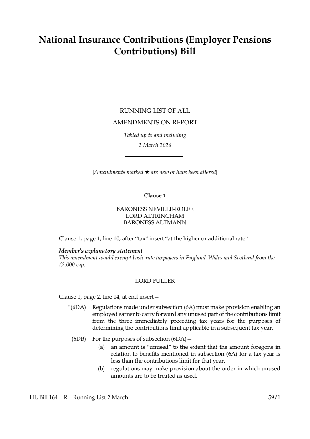 National Insurance Contributions (Employer Pensions Contributions) Bill Running List of all amendments on report tabled up to and including 2 March 2026