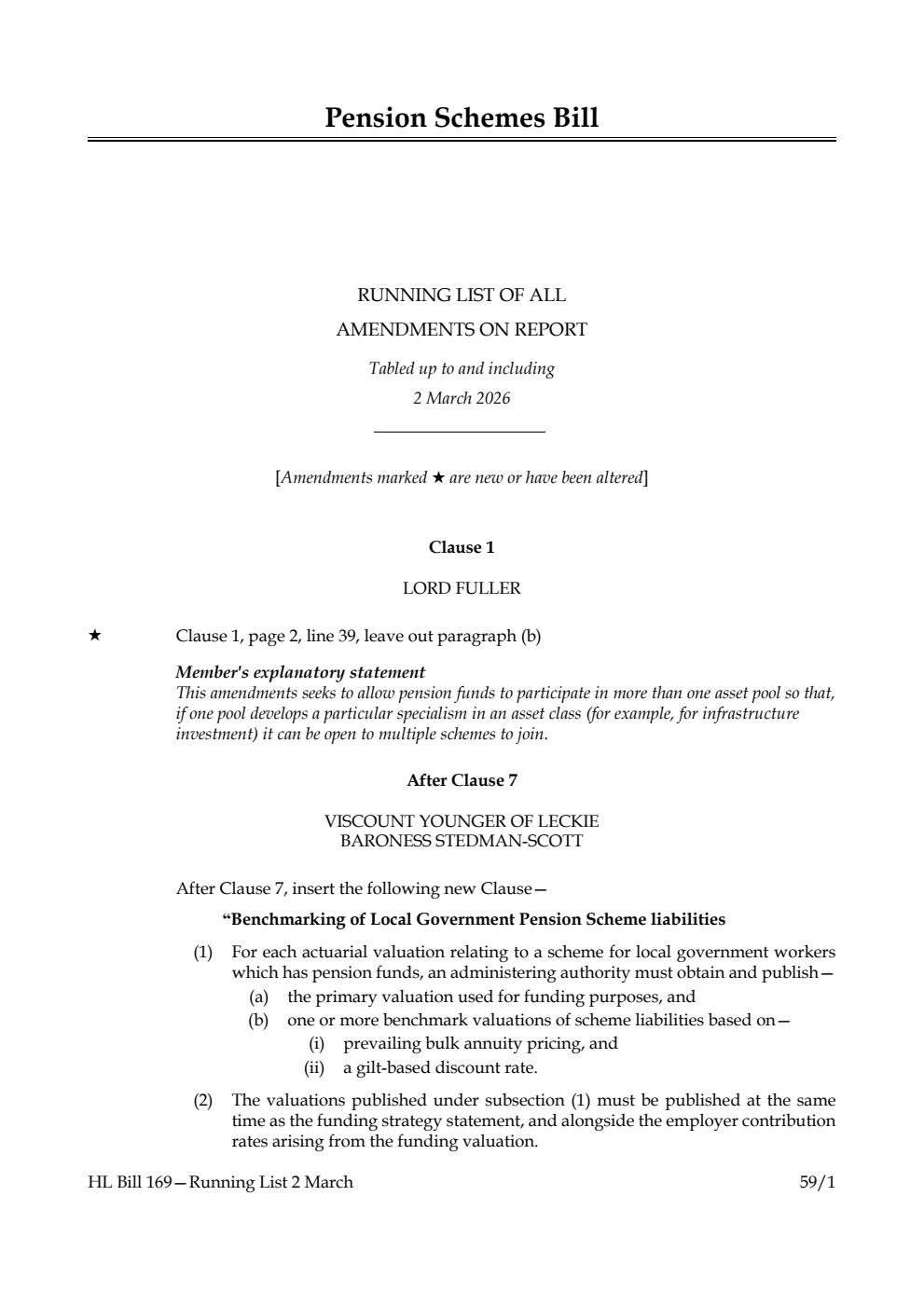 Pension Schemes Bill Running List of all amendments on report tabled up to and including 2 March 2026