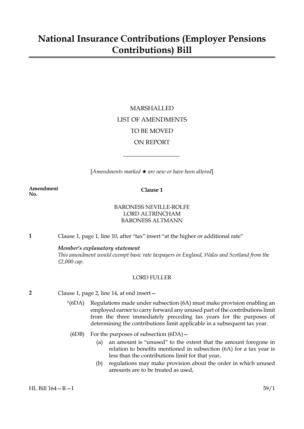 National Insurance Contributions (Employer Pensions Contributions) Bill Marshalled List of amendments to be moved on report