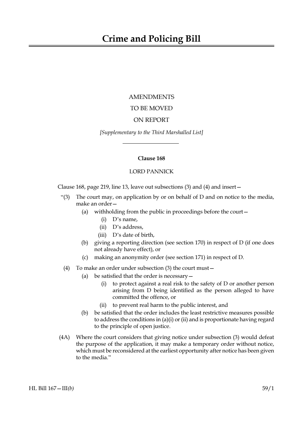 Crime and Policing Bill Amendments to be moved on report [Supplementary to the Third Marshalled List] 
